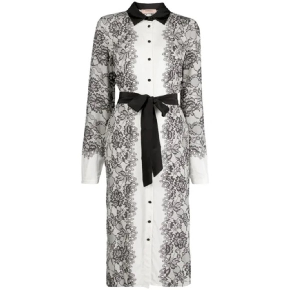 TWINSET LACE-PRINT BUTTONED MIDI DRESS IN NEUTRALS WOMENS SIZE M NO BELT Elegant